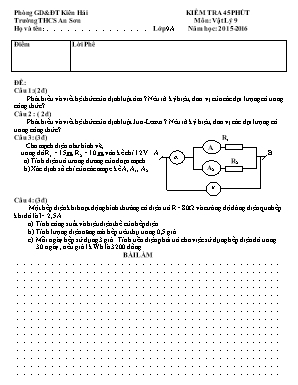 Đề kiểm tra 45 phút môn Vật lý Lớp 9 - Năm học 2015-2016 - Trường THCS An Sơn